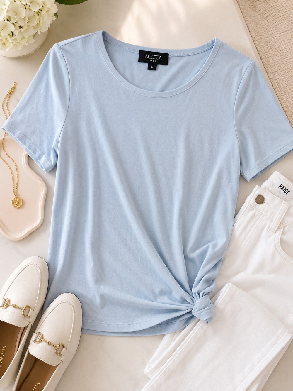 Aleeza Paris Blue Rayon Stretch Short Sleeve Tee L
